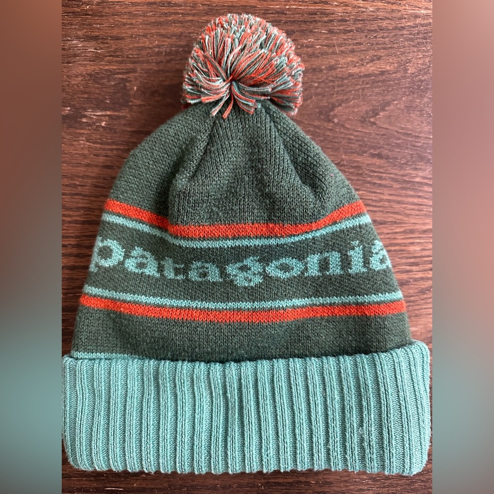 Patagonia Olive and Teal Striped Beanie